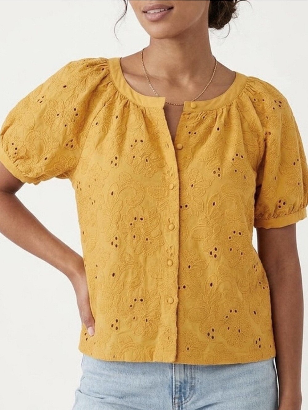 Calypso St. Barth Eyelet Embroidered Puff Sleeve Blouse Top Sz Sm Mustard